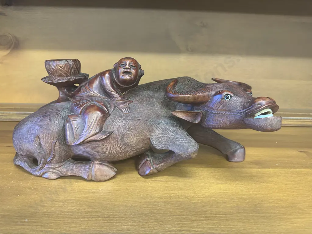 Pair of Vintage Chinese Carved Wooden Buffalo Candle Holder, L38cm (As Found) Image 1++