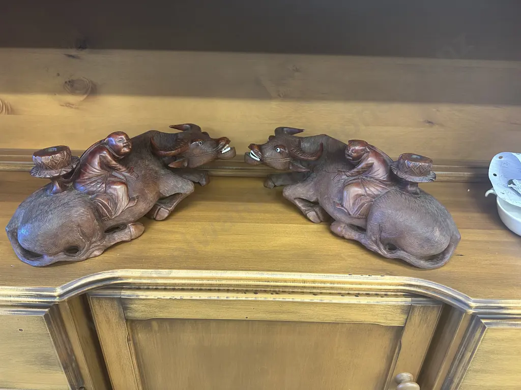 Pair of Vintage Chinese Carved Wooden Buffalo Candle Holder, L38cm (As Found) Image 1++