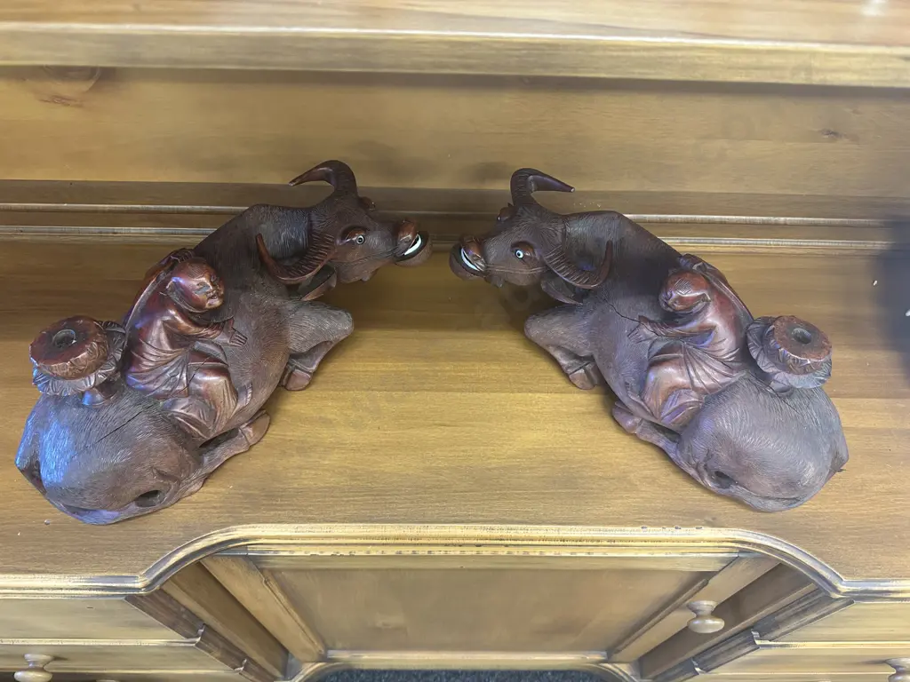 Pair of Vintage Chinese Carved Wooden Buffalo Candle Holder, L38cm (As Found) Image 1++