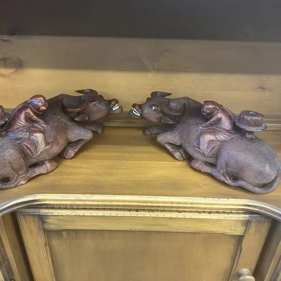 Pair of Vintage Chinese Carved Wooden Buffalo Candle Holder, L38cm (As Found)