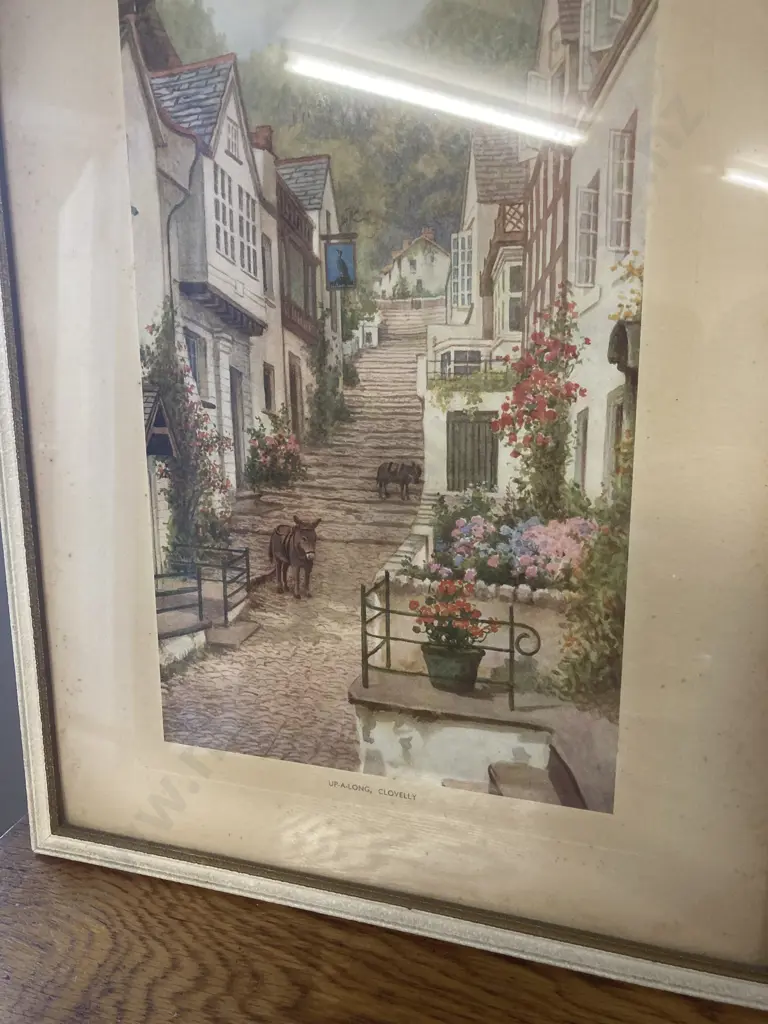 Vintage Framed Glazed Prints - 'Up-A-Long Clovelly' 'Down A-Long Clovelly', 37 x 29cm Image 1++