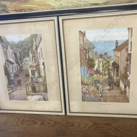 Vintage Framed Glazed Prints - 'Up-A-Long Clovelly' 'Down A-Long Clovelly', 37 x 29cm