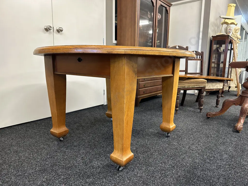 Antique Oak Arts & Crafts Crank Extension Dining Table On Castors, 2 x Extensions (No Handle), H77 W119 - 185 D123cm Image 1++
