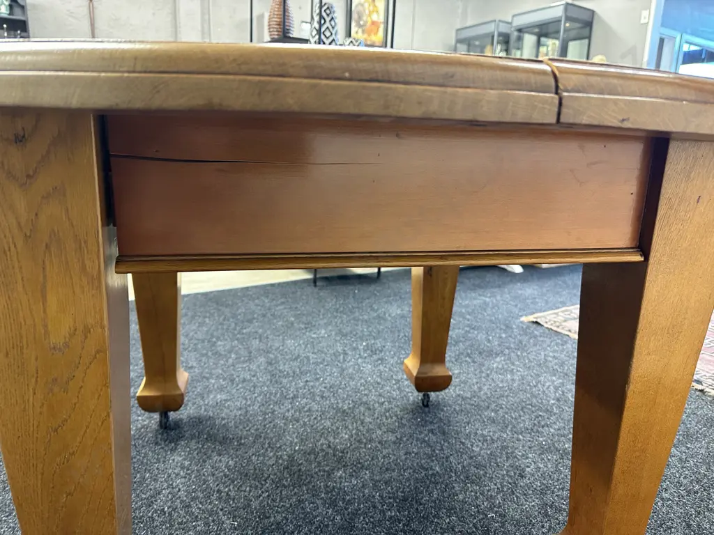 Antique Oak Arts & Crafts Crank Extension Dining Table On Castors, 2 x Extensions (No Handle), H77 W119 - 185 D123cm Image 1++