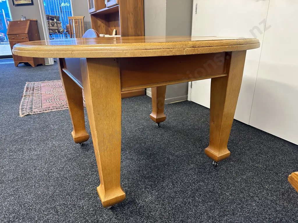 Antique Oak Arts & Crafts Crank Extension Dining Table On Castors, 2 x Extensions (No Handle), H77 W119 - 185 D123cm Image 1++