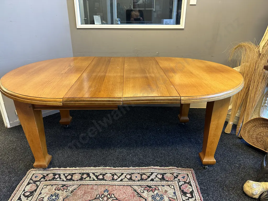 Antique Oak Arts & Crafts Crank Extension Dining Table On Castors, 2 x Extensions (No Handle), H77 W119 - 185 D123cm Image 1++