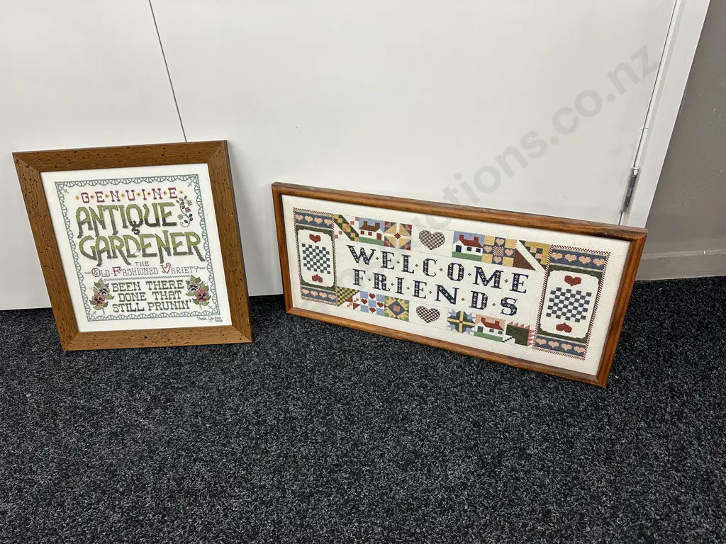 Framed Glazed Cross Stitch "Genuine Antique Gardener" 39 x 38cm & Framed Cross Stich "Welcome Friends" 29 x 62cm" Image 1++