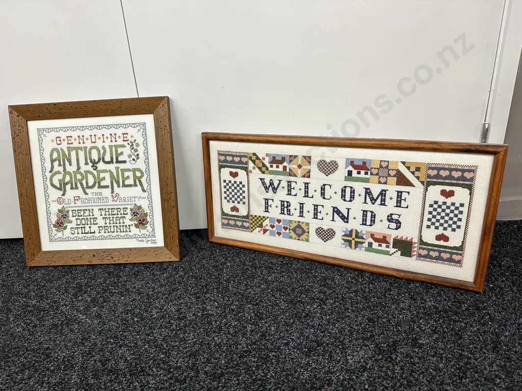 Framed Glazed Cross Stitch "Genuine Antique Gardener" 39 x 38cm & Framed Cross Stich "Welcome Friends" 29 x 62cm" Image 1++
