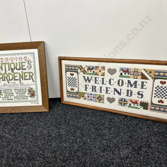 Framed Glazed Cross Stitch "Genuine Antique Gardener" 39 x 38cm & Framed Cross Stich "Welcome Friends" 29 x 62cm"