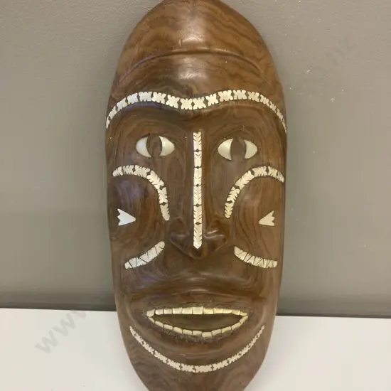 Vintage Solomon Islands Mask with Nautilus Shell Inlay, 33 x 12cm
