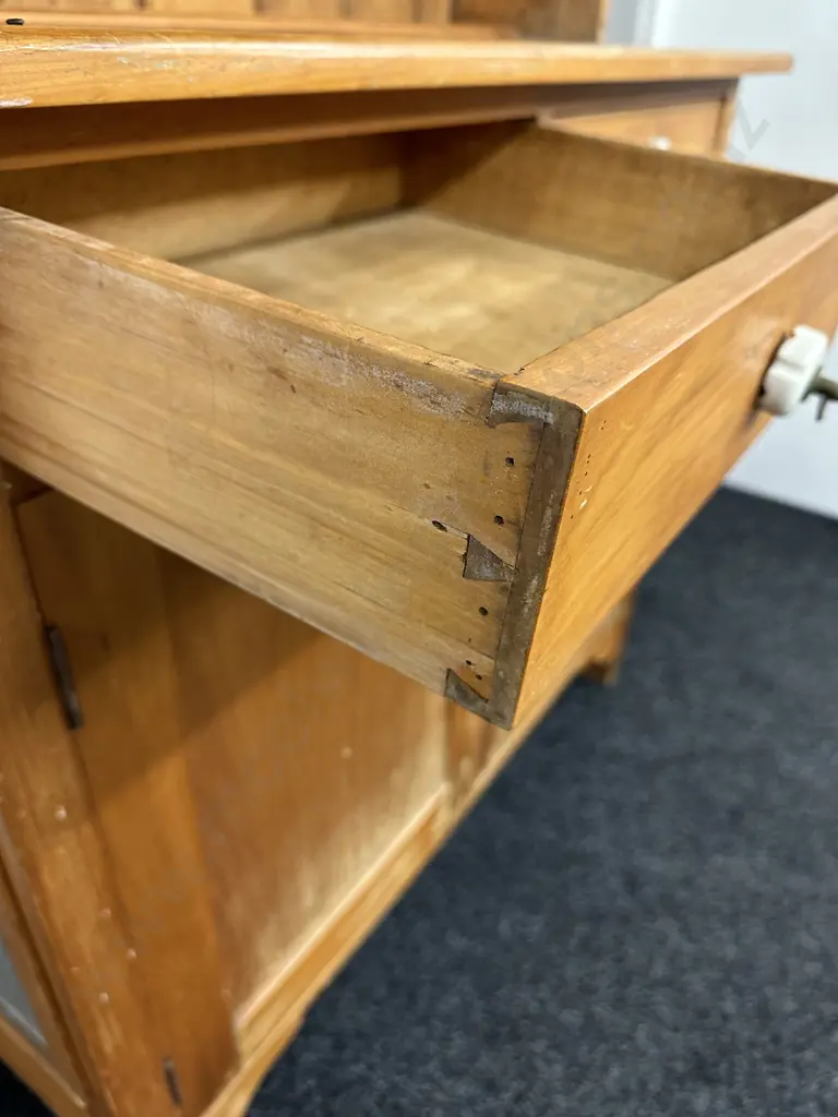 Antique Kauri Kitchen Unit / Wall Unit, Porcelain Handles, Key, Mesh Panels On Side, H213 W160 D46cm Image 1++