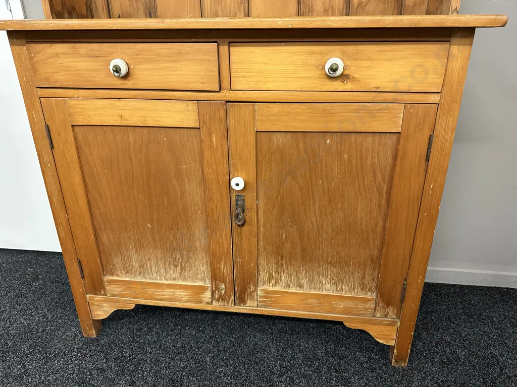 Antique Kauri Kitchen Unit / Wall Unit, Porcelain Handles, Key, Mesh Panels On Side, H213 W160 D46cm Image 1++