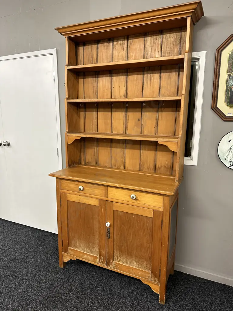 Antique Kauri Kitchen Unit / Wall Unit, Porcelain Handles, Key, Mesh Panels On Side, H213 W160 D46cm Image 1++
