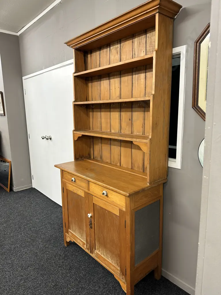 Antique Kauri Kitchen Unit / Wall Unit, Porcelain Handles, Key, Mesh Panels On Side, H213 W160 D46cm Image 1++