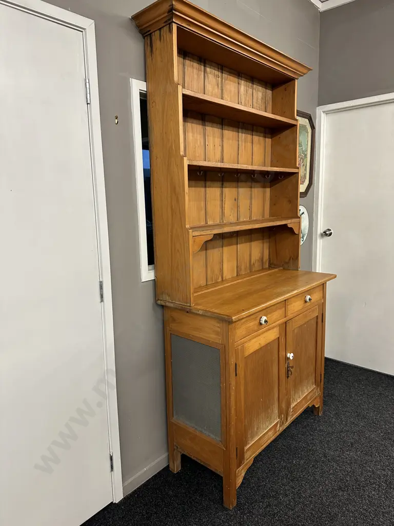 Antique Kauri Kitchen Unit / Wall Unit, Porcelain Handles, Key, Mesh Panels On Side, H213 W160 D46cm Image 1++