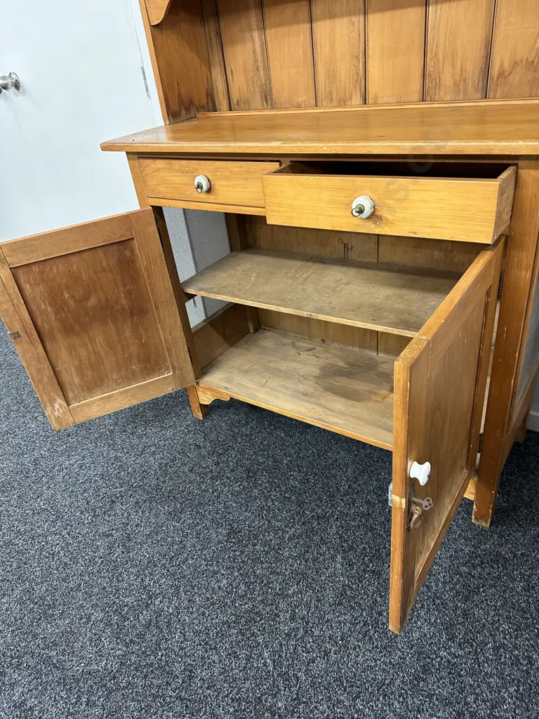 Antique Kauri Kitchen Unit / Wall Unit, Porcelain Handles, Key, Mesh Panels On Side, H213 W160 D46cm Image 1++