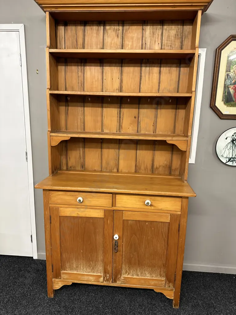 Antique Kauri Kitchen Unit / Wall Unit, Porcelain Handles, Key, Mesh Panels On Side, H213 W160 D46cm Image 1++