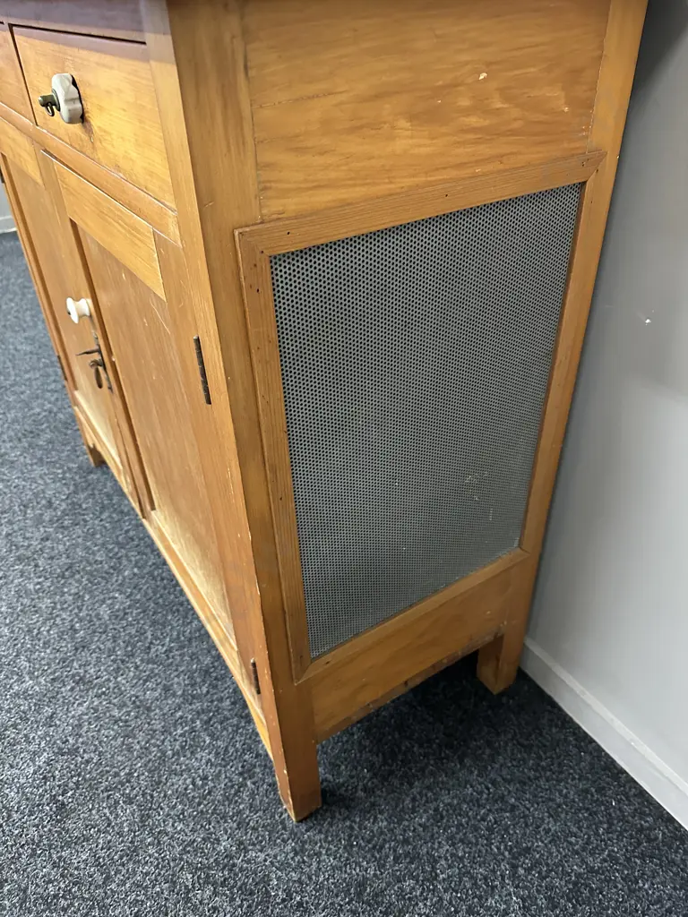 Antique Kauri Kitchen Unit / Wall Unit, Porcelain Handles, Key, Mesh Panels On Side, H213 W160 D46cm Image 1++