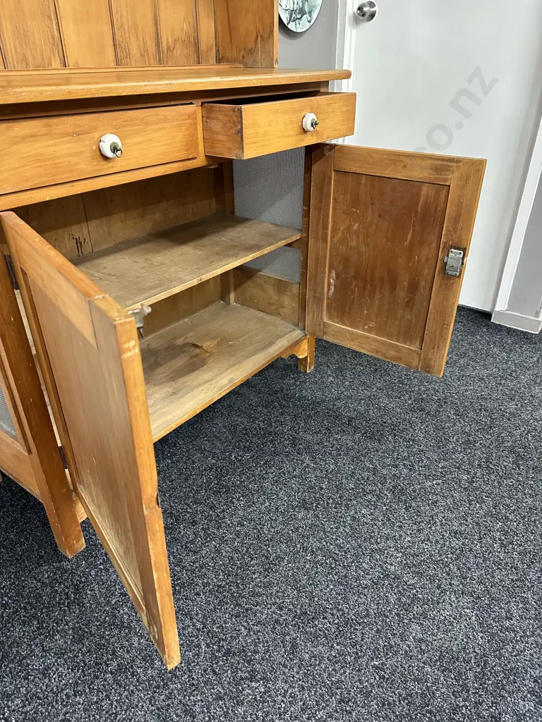 Antique Kauri Kitchen Unit / Wall Unit, Porcelain Handles, Key, Mesh Panels On Side, H213 W160 D46cm Image 1++