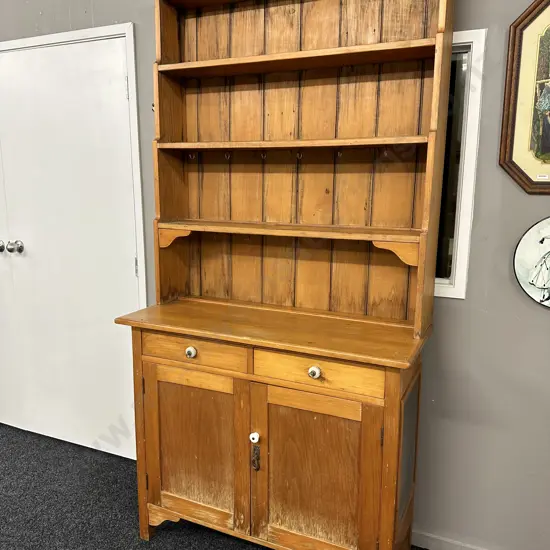 Antique Kauri Kitchen Unit / Wall Unit, Porcelain Handles, Key, Mesh Panels On Side, H213 W160 D46cm