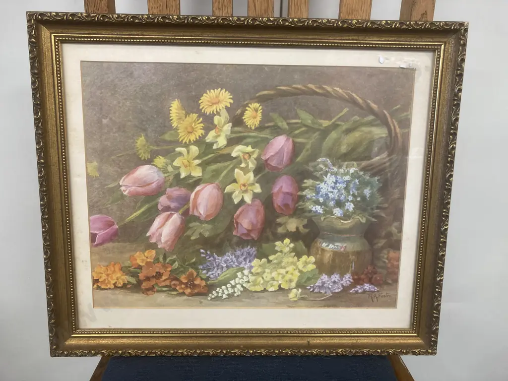 Vintage Framed Glazed Still Life With Flowers & Basket R.A. Foster Print, 39 x 46cm Image 1++