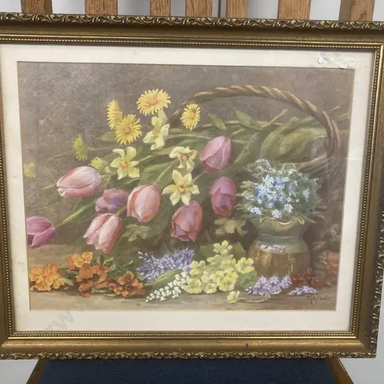 Vintage Framed Glazed Still Life With Flowers & Basket R.A. Foster Print, 39 x 46cm