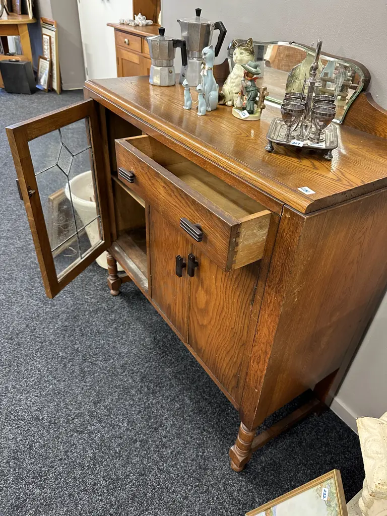 Oak Sideboard, Single Leadlight Door, Original Handles (As Found Condition) Image 1++