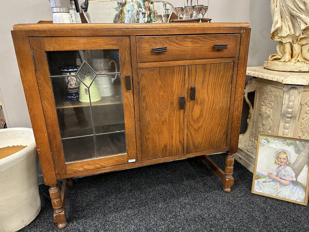 Oak Sideboard, Single Leadlight Door, Original Handles (As Found Condition) Image 1++