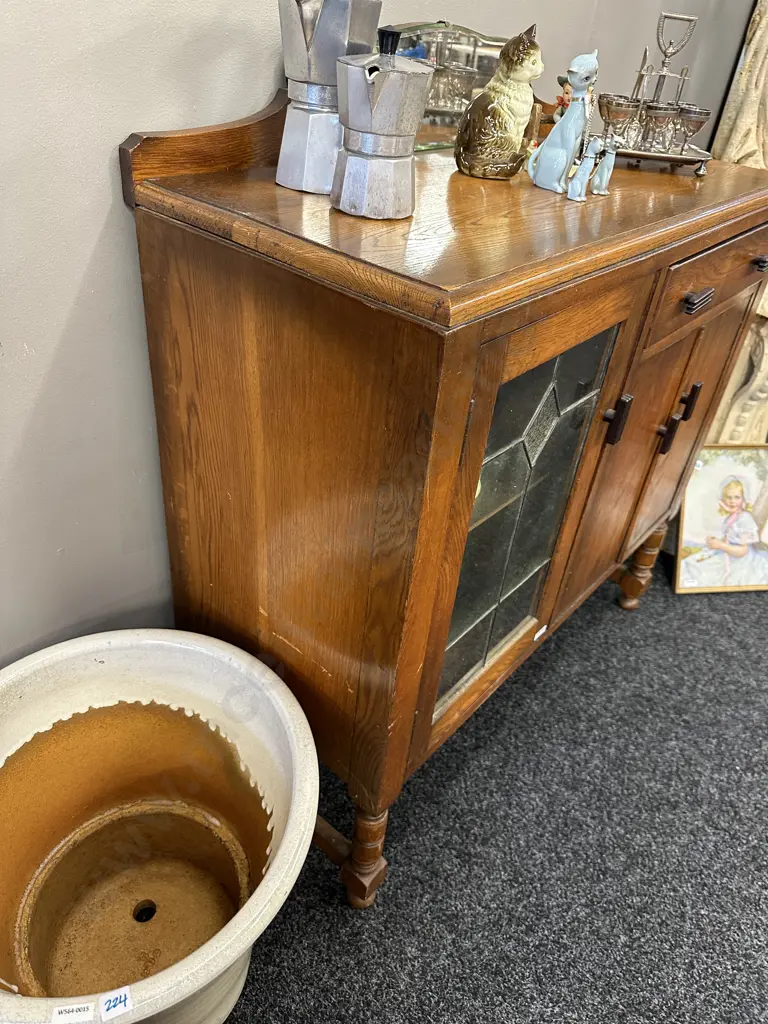 Oak Sideboard, Single Leadlight Door, Original Handles (As Found Condition) Image 1++