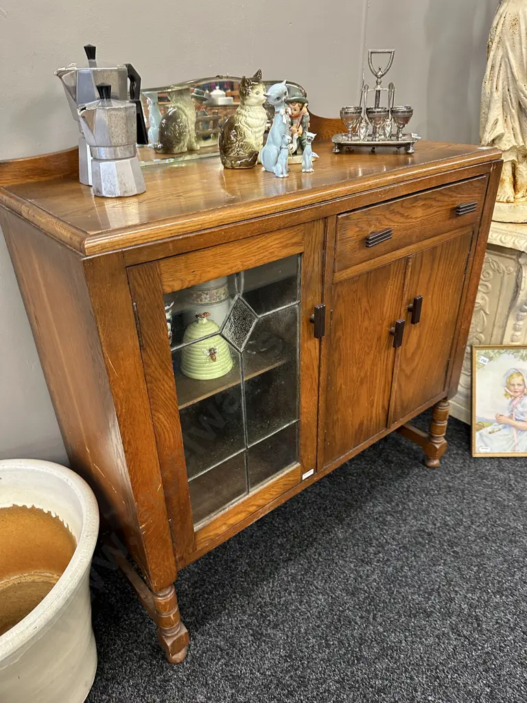 Oak Sideboard, Single Leadlight Door, Original Handles (As Found Condition) Image 1++