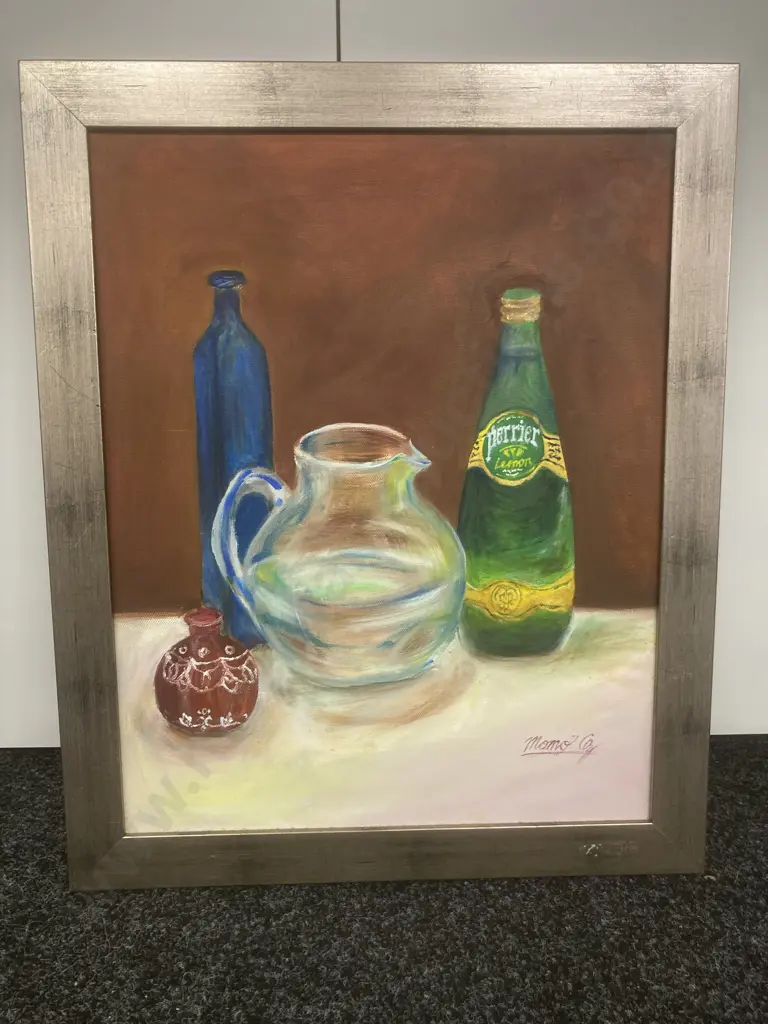 Framed Artwork Still Life Bottles & Jug Signed By Artist, 58 x 48cm Image 1++