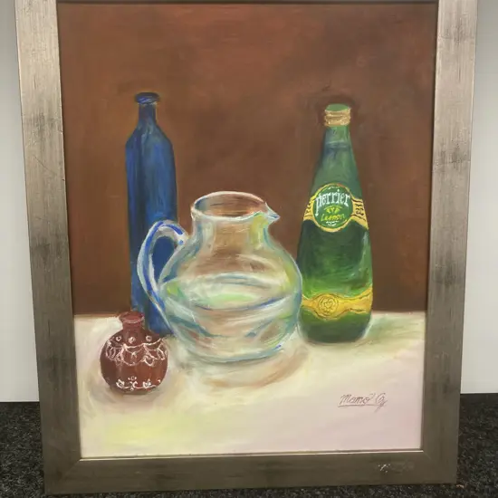 Framed Artwork Still Life Bottles & Jug Signed By Artist, 58 x 48cm