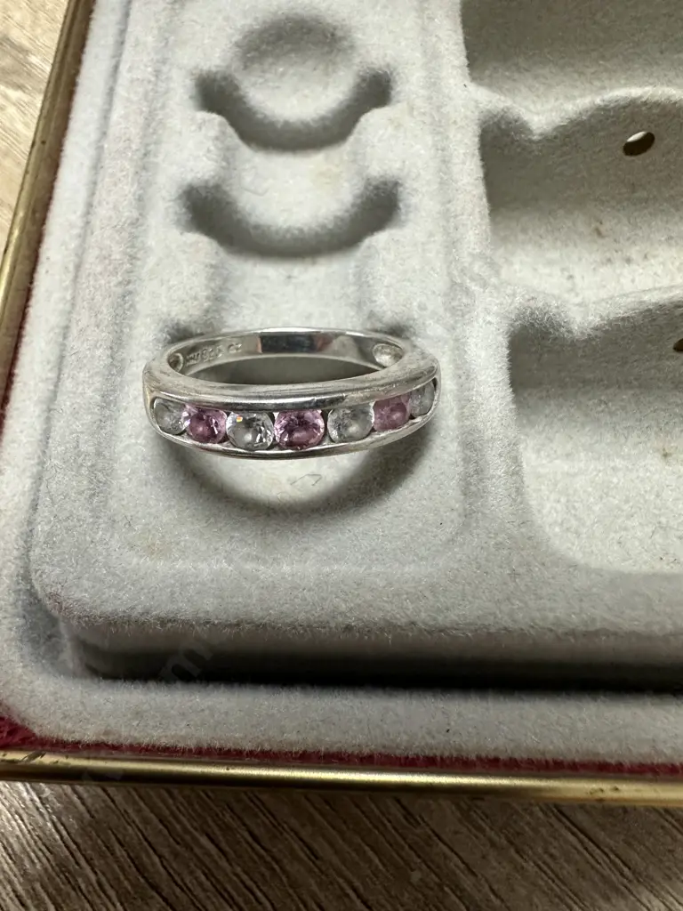 925 Stamped Ring With Pink & Clear Coloured Stones Image 1++