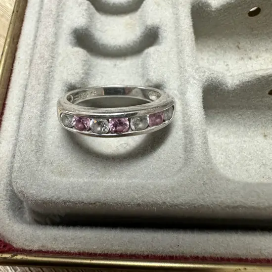 925 Stamped Ring With Pink & Clear Coloured Stones