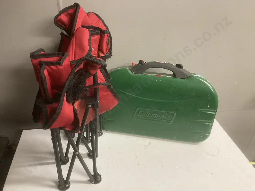 Coleman Camp Stove, Pair of Foldup Kids Camp Chairs, Pair of Rod Holders Image 1++