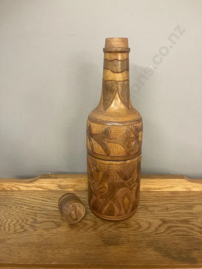 Vintage Hand Carved Wood Bottle, H41cm Image 1++