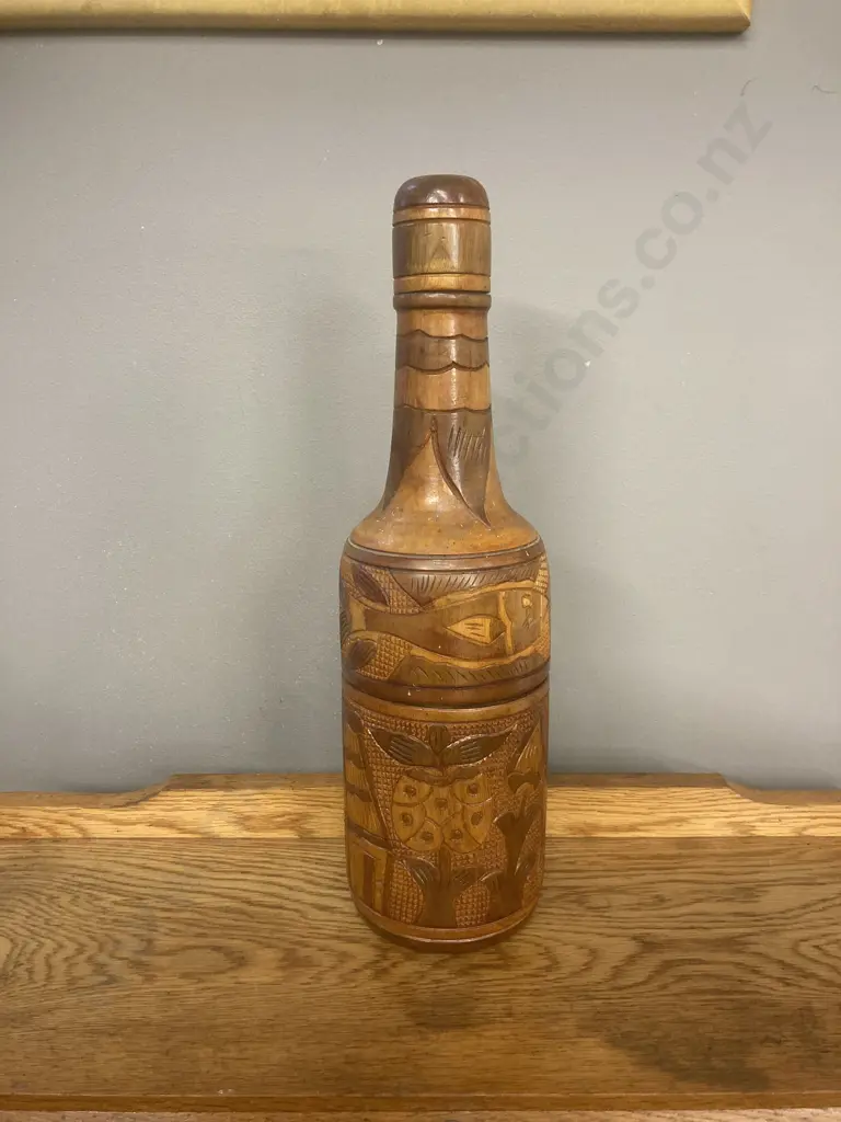 Vintage Hand Carved Wood Bottle, H41cm Image 1++