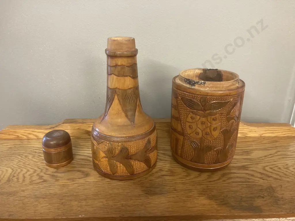 Vintage Hand Carved Wood Bottle, H41cm Image 1++