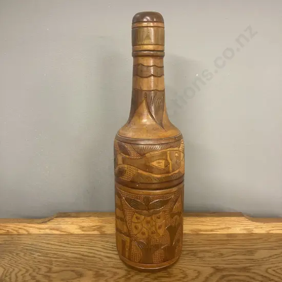Vintage Hand Carved Wood Bottle, H41cm