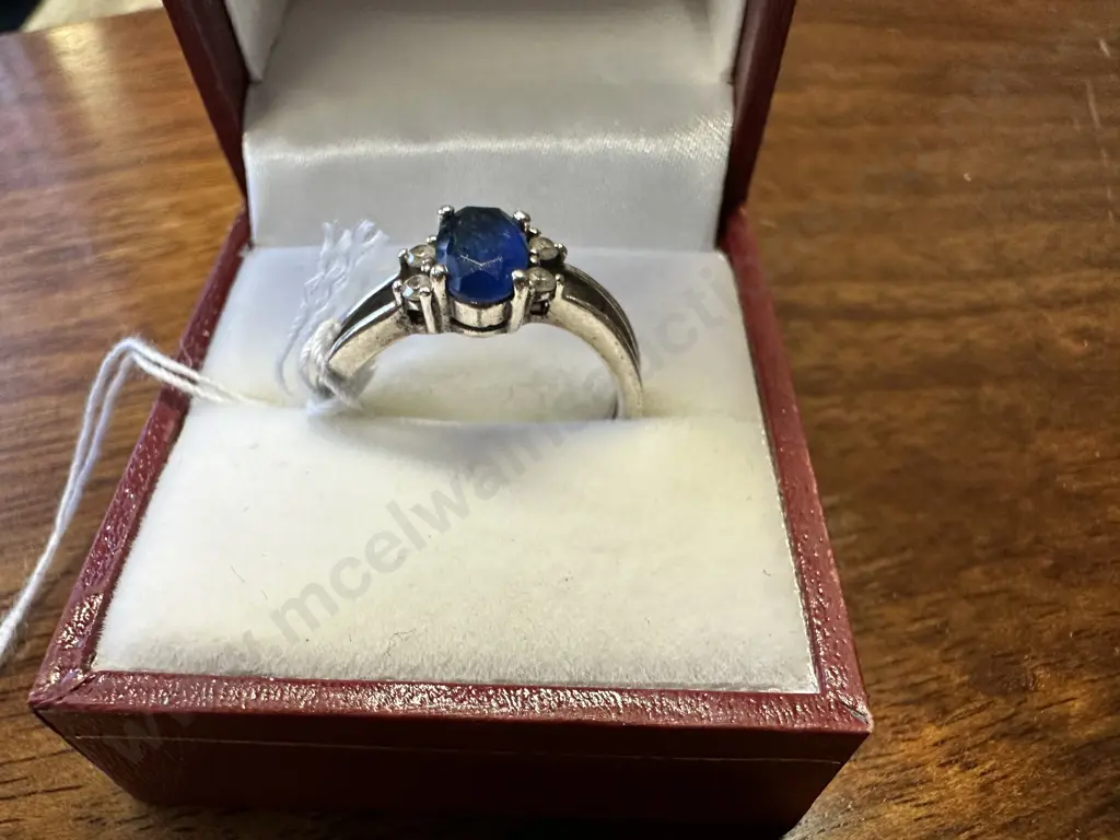 Stamped 925 Ring With Blue Stone & 4 Clear Stones Image 1++
