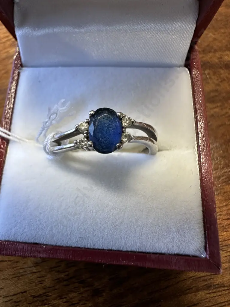 Stamped 925 Ring With Blue Stone & 4 Clear Stones Image 1++
