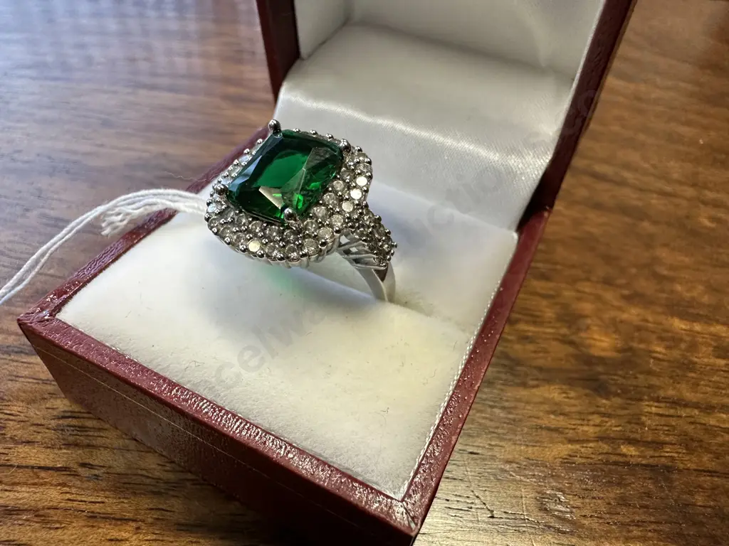 Stamped 925 Ring With Green Rectangular Stone & Clear Stones Image 1++