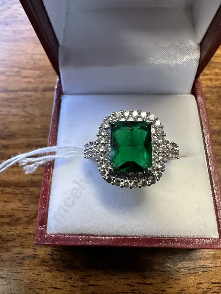 Stamped 925 Ring With Green Rectangular Stone & Clear Stones Image 1++