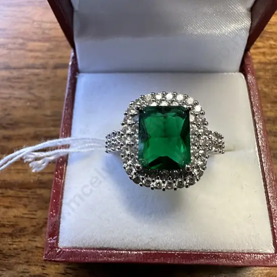 Stamped 925 Ring With Green Rectangular Stone & Clear Stones