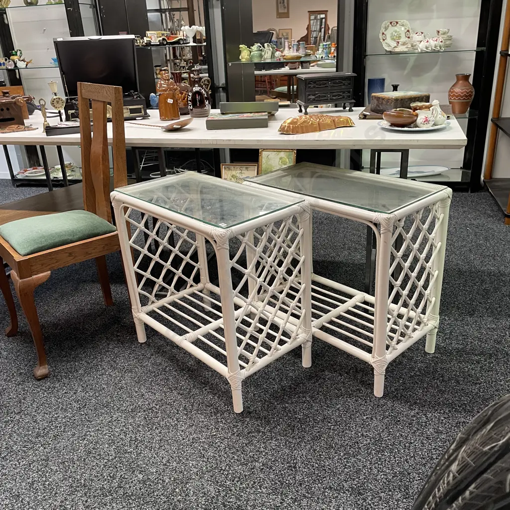 Pair of Retro White Painted Cane Occasional Tables with Glass Tops, H61 W62 D37cm Image 1++