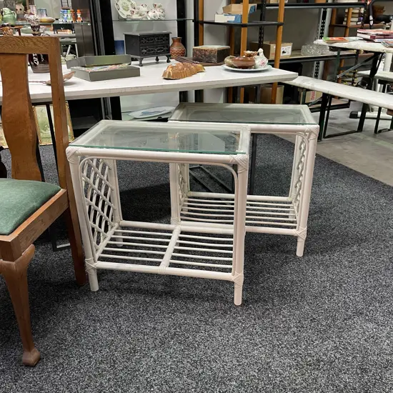 Pair of Retro White Painted Cane Occasional Tables with Glass Tops, H61 W62 D37cm