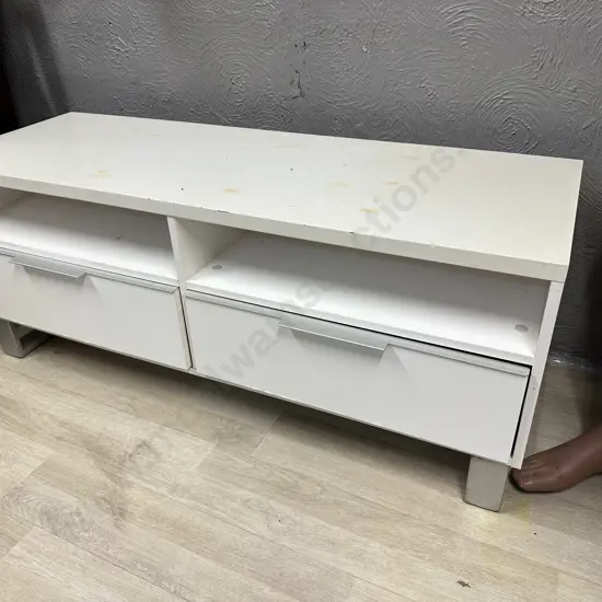 White Gloss Finish Entertainment Stand With Marked Top, Brushed Steel Handles & Feet, 2 Drawers, H48 W120 D42cm