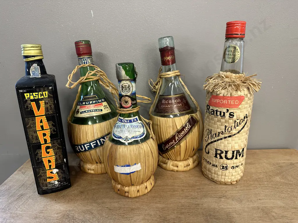 Vintage Rattan Covered Glass Bottles, Pisco Vargas Bottle Image 1++