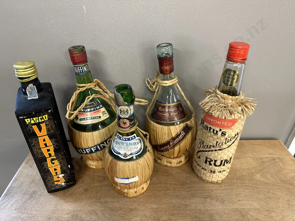 Vintage Rattan Covered Glass Bottles, Pisco Vargas Bottle Image 1++