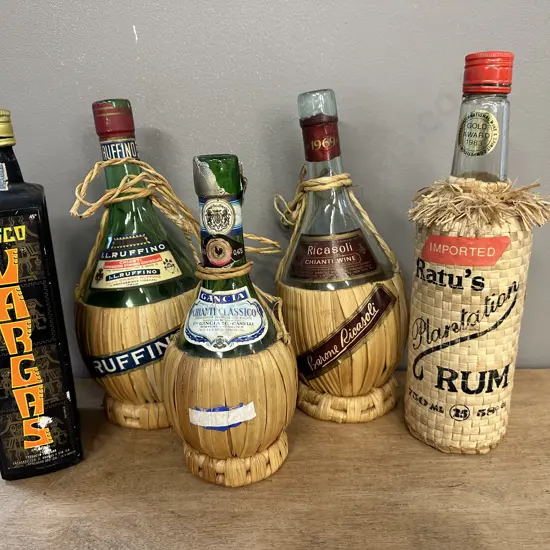 Vintage Rattan Covered Glass Bottles, Pisco Vargas Bottle
